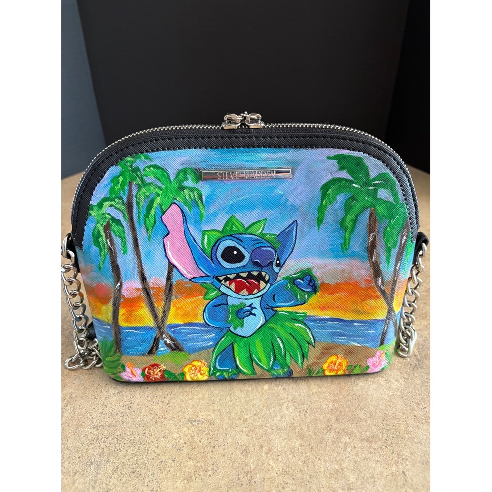 Steve Madden Crossbody Purse Black Strap Chain Hand Painted Lilo & Stitch Hula